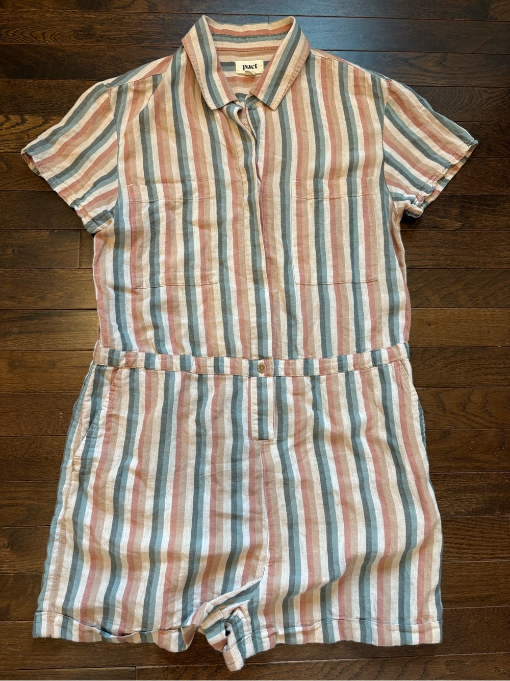 PACT Harbour Romper Organic Cotton Hemp Striped Button Front Jumpsuit M